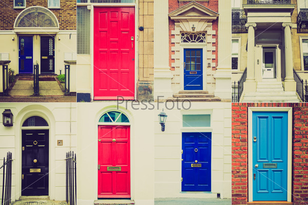 Vintage retro looking Set of traditional colourful British doors from England and Scotland