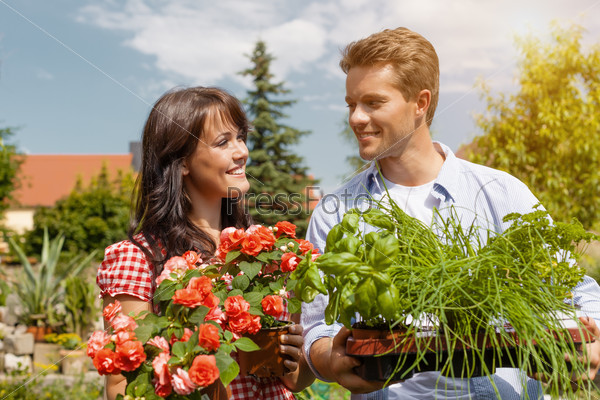 Gardening in summer - happy couple in garden with fresh herbs and red flowers