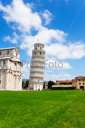 Leaning tower and part of Duomo in Pisa, Italy