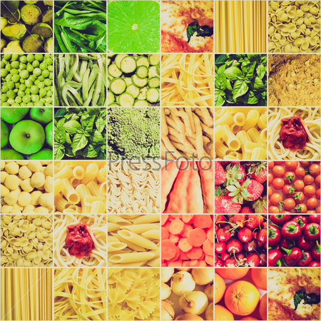 Vintage retro looking Food collage including pictures of vegetables, fruit, pasta and more