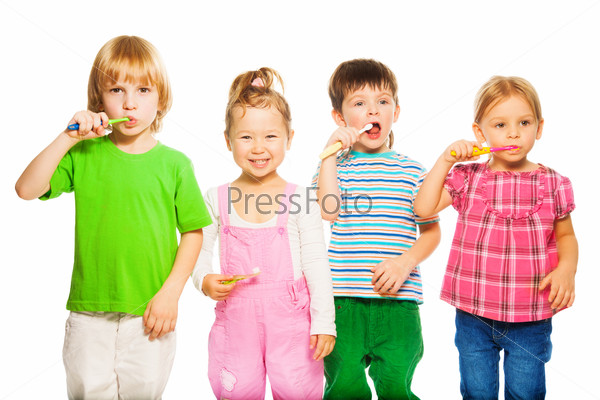 Four kids brushing teeth