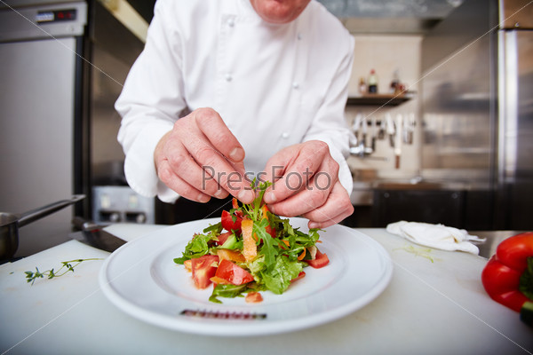 Hands of male chef serving vegetable salad in the kitchen