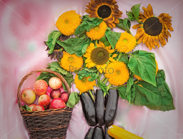 Basket with apples and a bouquet from flowers of a sunflower and