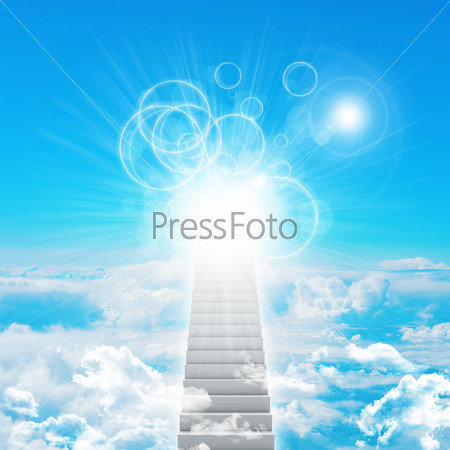 Stairway to Heaven. Stairs in sky. Concept with sun and clouds