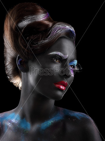 Fantasy. Bodypaint. Woman with Fantastic Stagy Makeup over Black Background