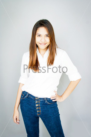potrait Asia lady mini smile in casual suite White Shirt and blu