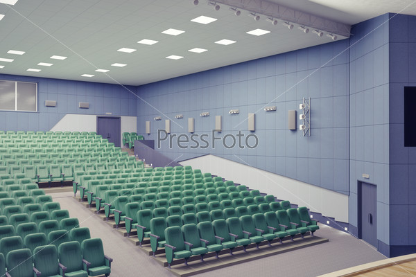 empty green armchairs in modern theater Hall.3d concept