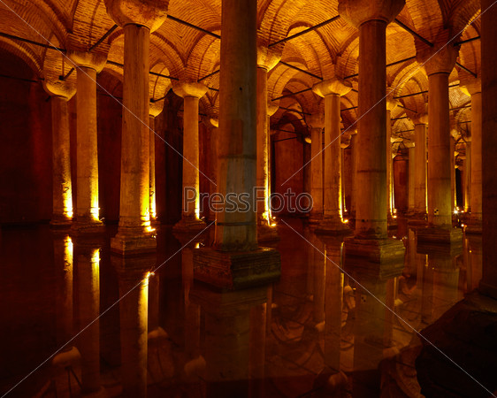 ISTANBUL, TURKEY - JULY 16, 2014: Yerebatan Saray - Basilica Cistern in Istanbul, Turkey. Yerebatan Saray is one of favorite tourist attraction in Istanbul.