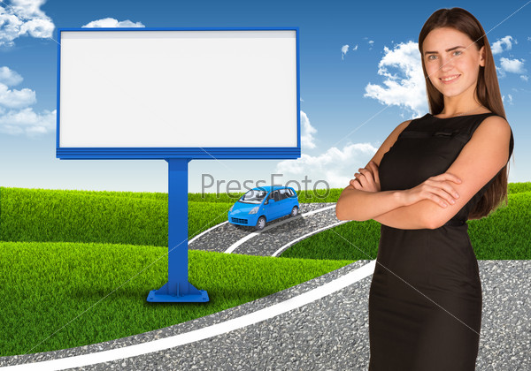 Businesswoman with small car and empty billboard