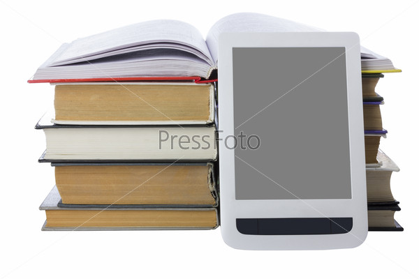 Books in a stack with open book next to the e-book with a\
gray screen
