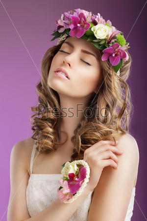 Sentiment. Imaginative Woman with Bouquet of Flowers Dreaming. Femininity