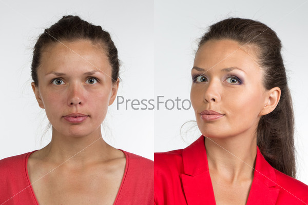 Portrait of young woman before and after make up - isolated photo
