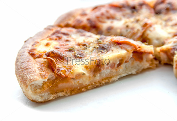 side view close up layer of peperoni pizza on isolate white background