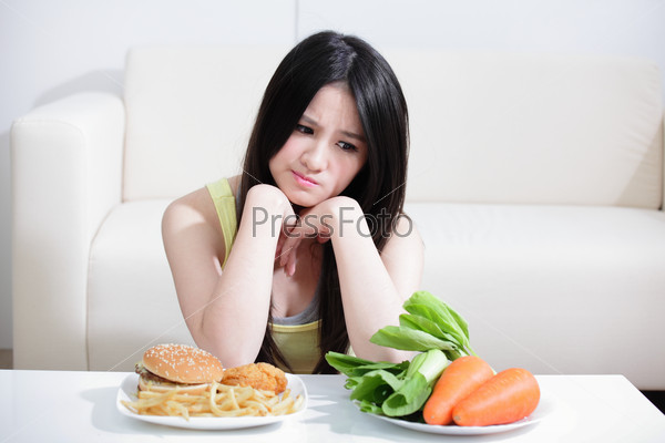Woman think about food at home, asian