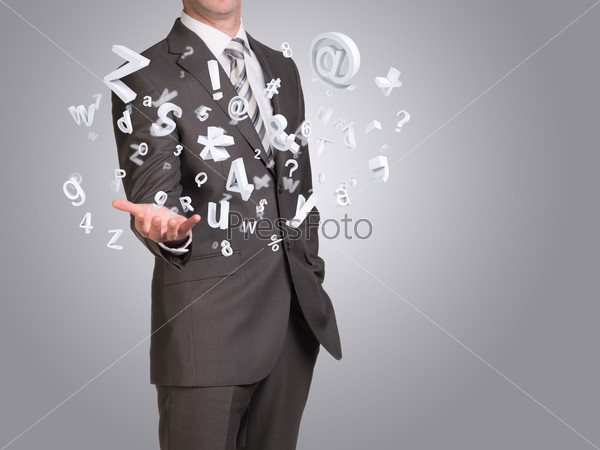 Businessman in suit hold empty hand with flying figures