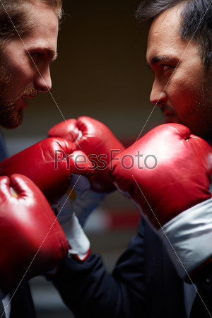 Dissatisfied businessmen in boxing gloves looking at one another