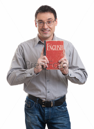 Learning language concept. Smiling man with a book