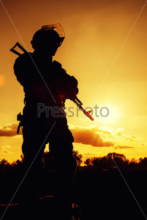Silhouette of police officer with weapons at sunset