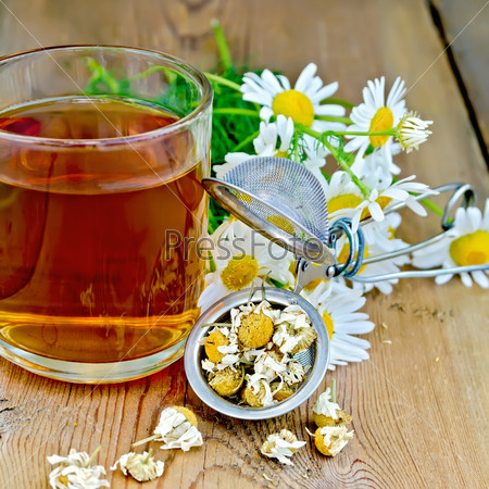 Metal sieve with dried chamomile flowers, a bouquet of fresh flowers of chamomile, tea in glass mug on the background of wooden boards