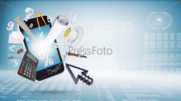 Smart phone and business objects. Graphs and text rows as backdrop. Technology concept