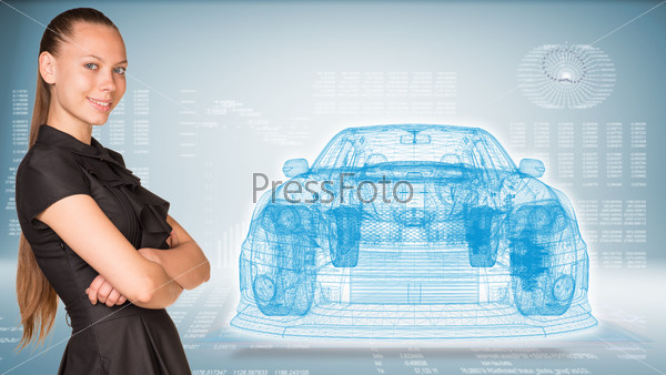 Businesswoman smiling and standing with crossed arms. Glow wire-frame car on transparent plane, stock photo