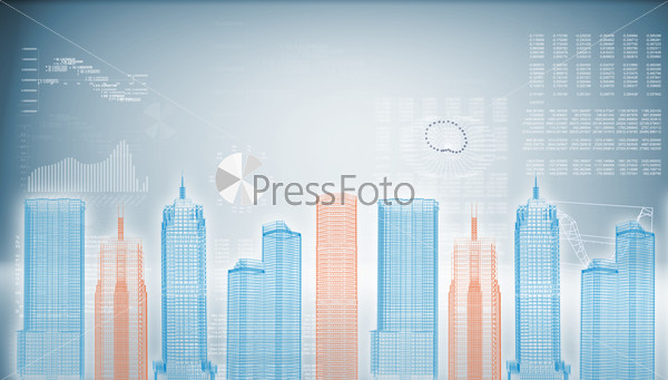Glowing wire-frame buildings. Graphs and text rows as backdrop, stock photo