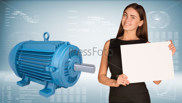 Businesswoman holding empty paper. Big blue motor as backdrop, stock photo