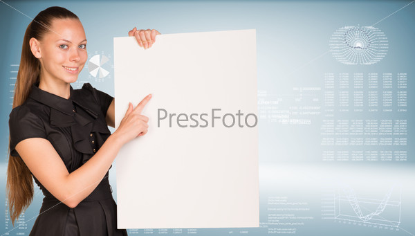 Businesswoman holding empty paper. Graphs with text rows as backdrop