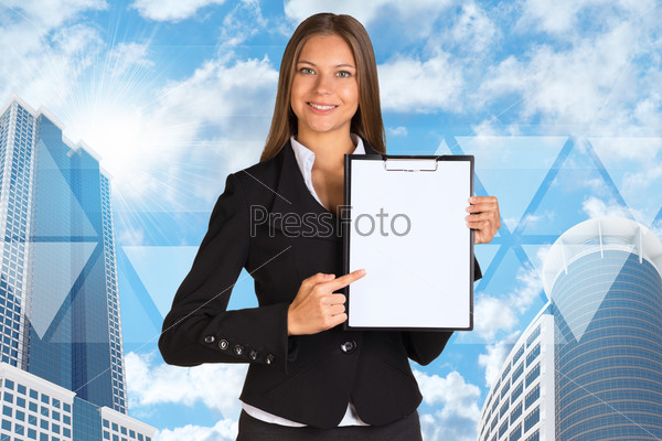 Businesswoman holding paper holde. Building and transparent triangles with people icons as backdrop, stock photo