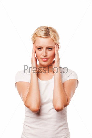 Woman worried about the future isolated on white background.