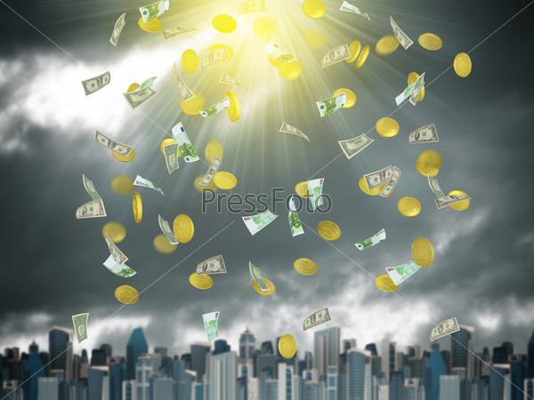 Gold coins and banknotes falling from the sky. City with dramatic sky as backdrop