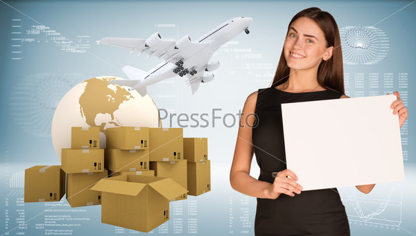 Businesswoman hold paper sheet. Earth with heap brown cardboard boxes and flying airplane are located next. Elements of this image furnished by NASA