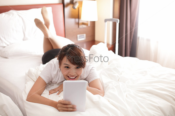 business travel woman with digital tablet