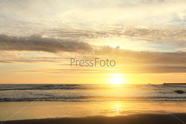 Soft Sea Ocean Waves Wash Over Golden Sand Background. Sunset, Sunrise, Sun.
