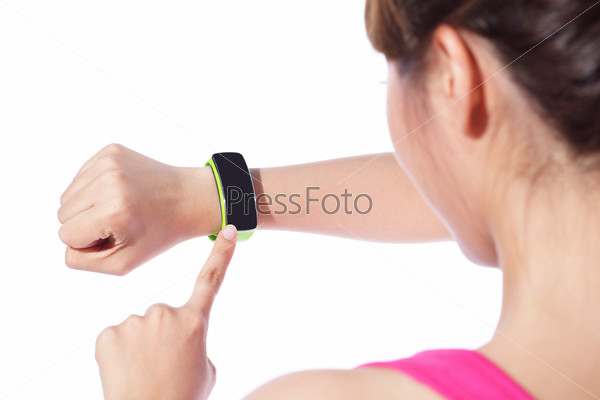 Health sport woman wearing smart watch device with touchscreen doing exercises isolated on white background, asian