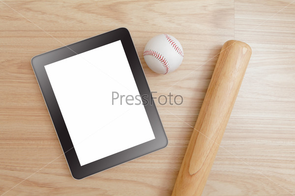 Baseball and tablet pc (blank touch panel monitor ) with wood background