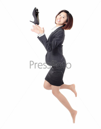 Young Business woman happy jump and throw high heeled shoes into air isolated on white background