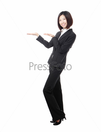 Full length Business woman introducing something by hand isolated on white background, model is a asian beauty