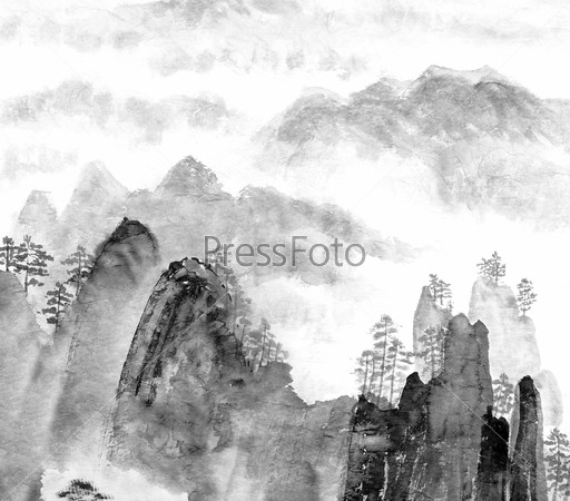 Traditional Chinese painting of high mountain landscape, monochrome tone