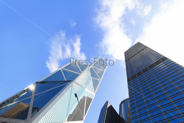 Modern business buildings with blue sky, shot in hong kong, asia