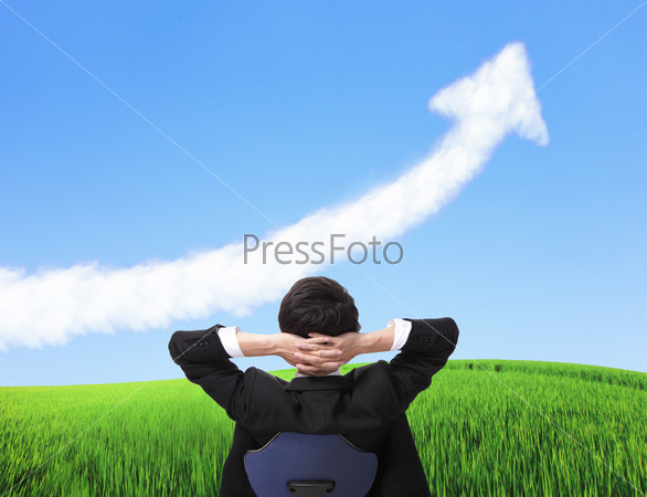 Rear viwe of relax business man sit on chair and watch growth\
arrow cloud, business concept, asian people