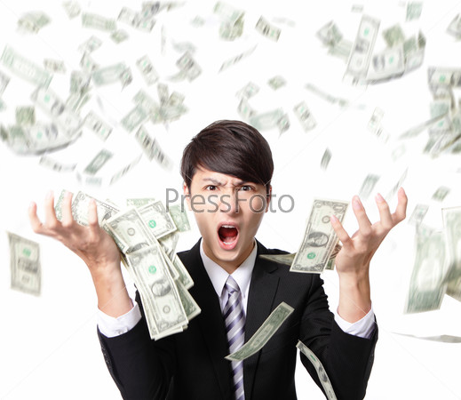business man anger shouting with money falling rain isolated on white background, asian model