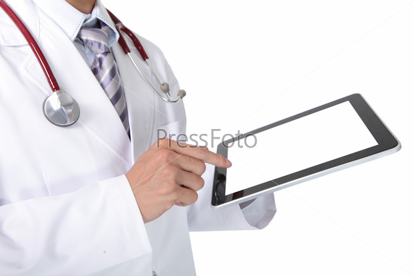Doctor in white coat with stethoscope showing blank digital tablet pc. Isolated on white background, asian model
