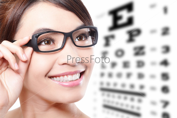 beautiful woman with glasses on the background of eye test chart, eye care concept, asian beauty