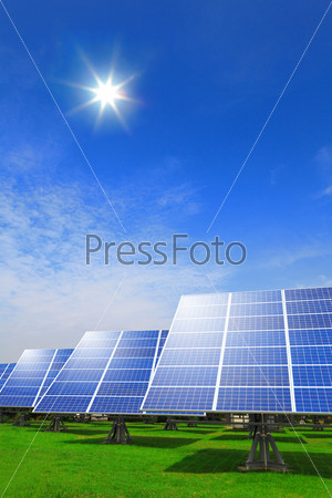 Solar panel system with green grass