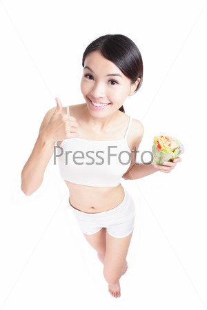Woman happy eat salad with good gesture isolated on white background, model is a asian girl