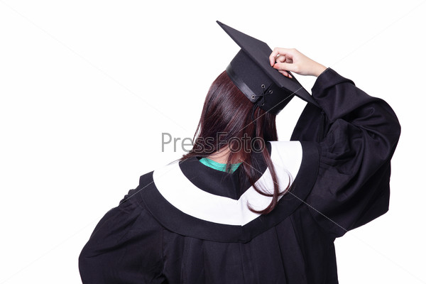 back view of graduate student girl thinking in an academic gown isolated on white background, asian beauty