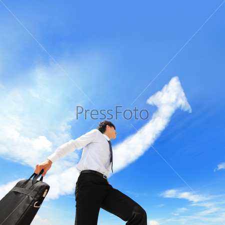 happy successful business man run with arrow cloud and sky in the background, asian people