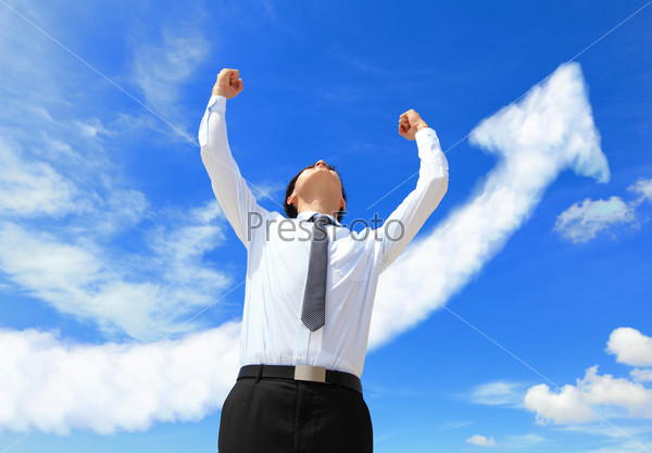 Happy Successful Business Man Raised Arms With Arrow Cloud, Asian People
