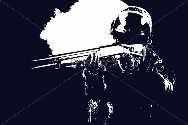 Black white image of spec ops soldier on black background with shotgun